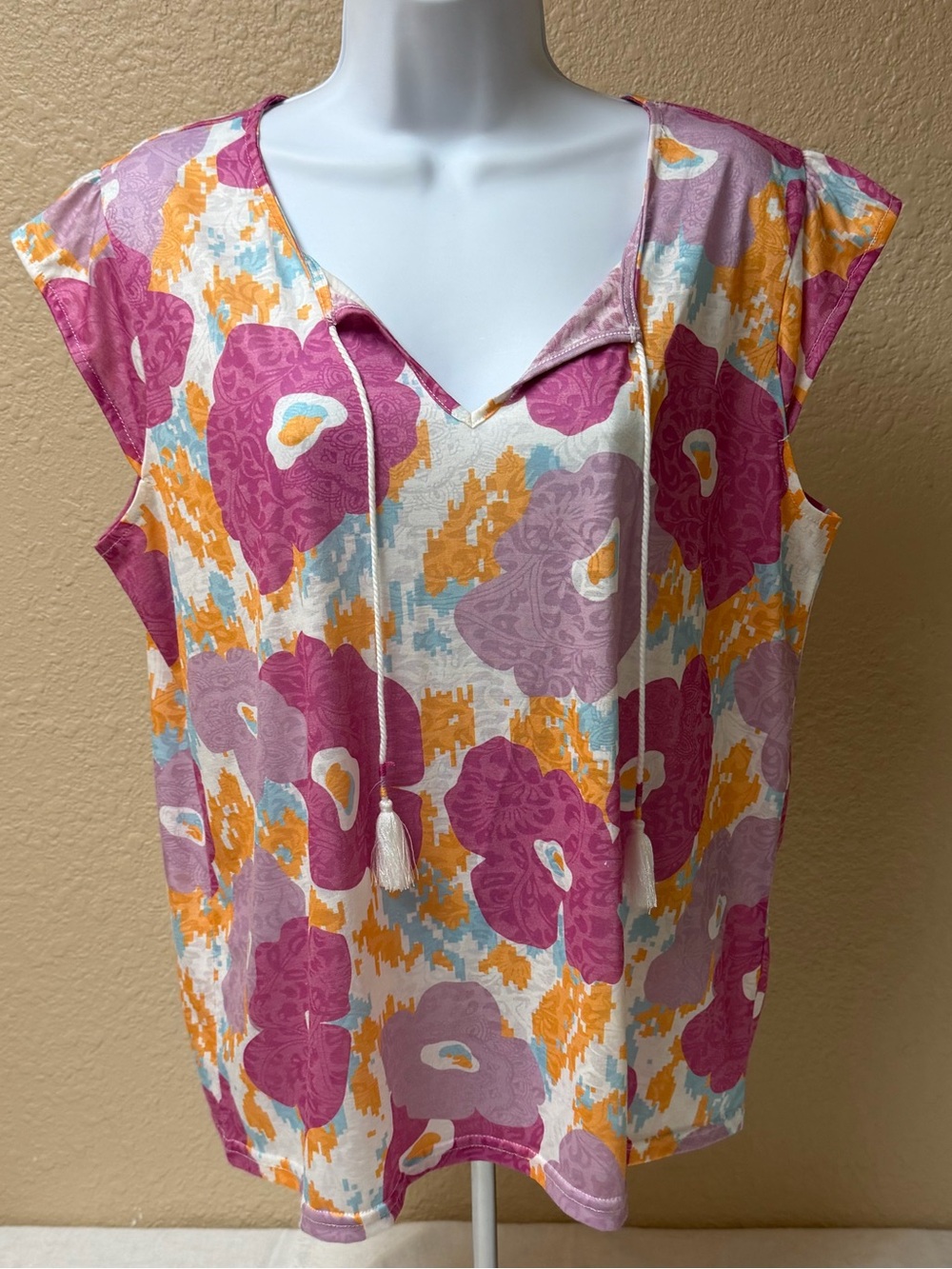 4/$20 Mainstream Boutique Floral Tie-Front Cap Sleeve Top - Pink & Yellow